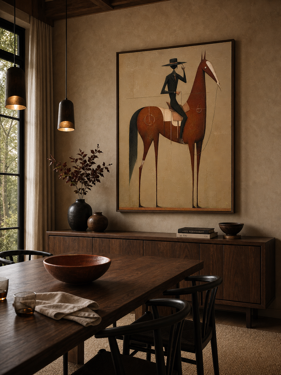 Vintage Equestrian Oil Painting Brown Horse Rider Vertical Canvas Wall Decor For Living Room