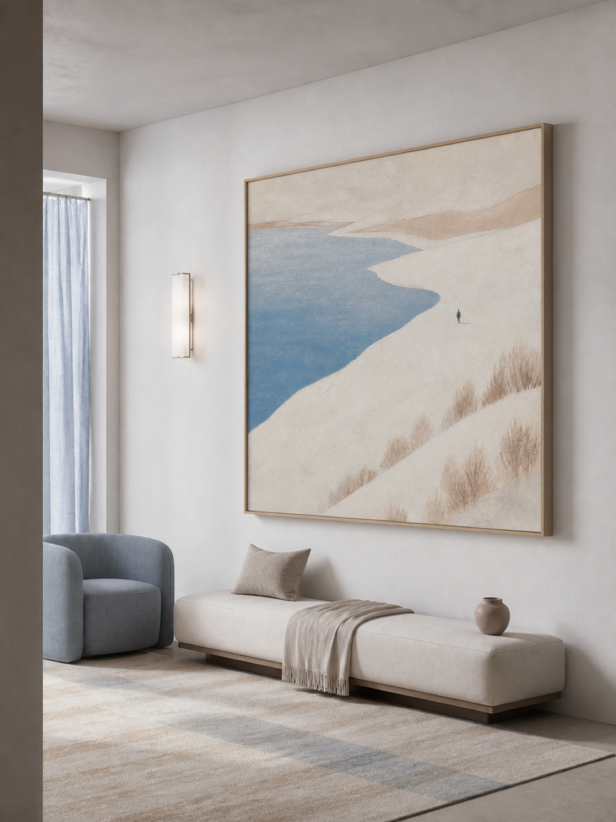 Oversized Ivory Shoreline With Winding Blue Water Contemporary Canvas Art