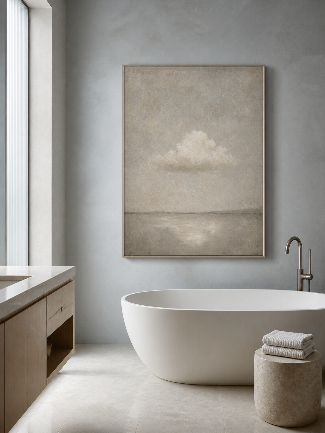 Original Vertical Beige Cloud Landscape Painting Framed Canvas Art