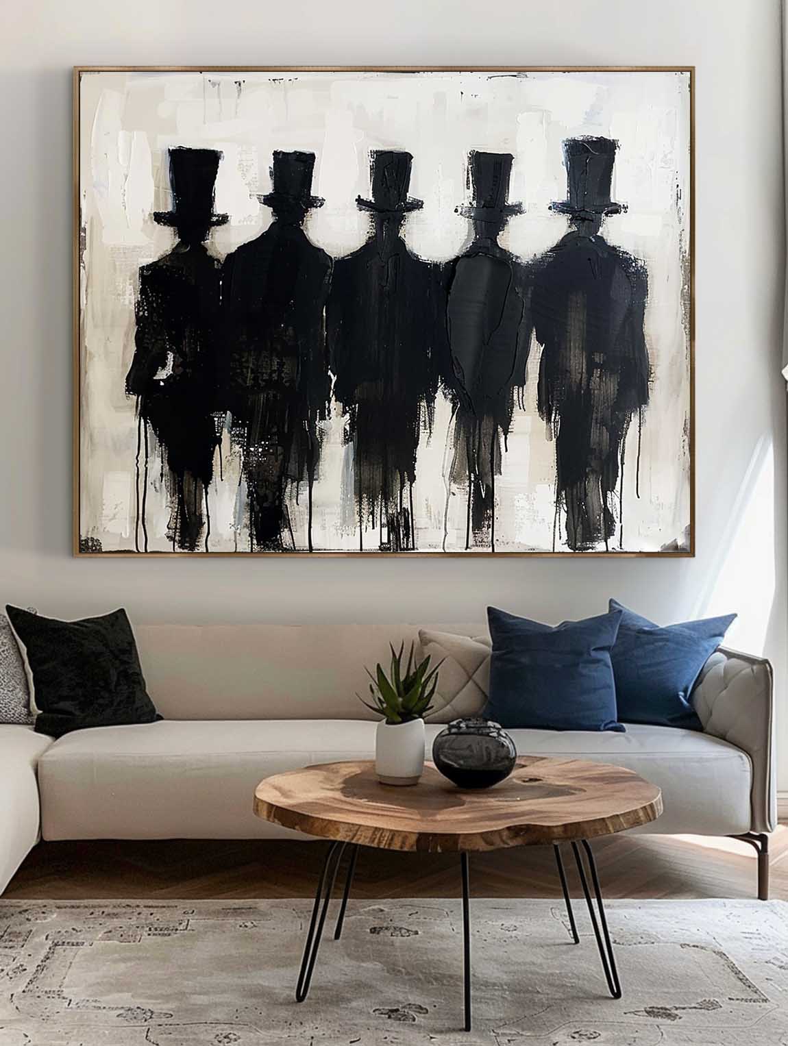 Vintage Neutral Black And Beige People Painting Large Minimalist Canvas Wall Art Original Handmade Wabi Sabi Artwork