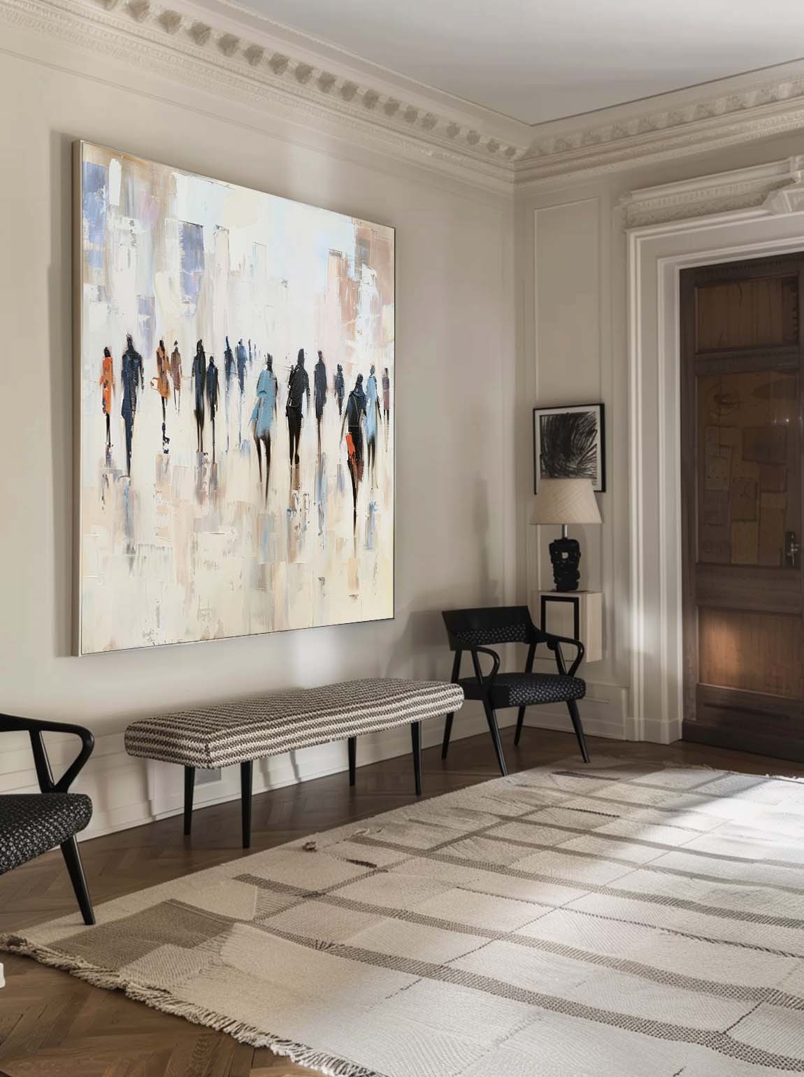 Vintage Black And Beige People Abstract Painting Large Minimalist Neutral Wall Art Original Wabi Sabi Canvas Artwork