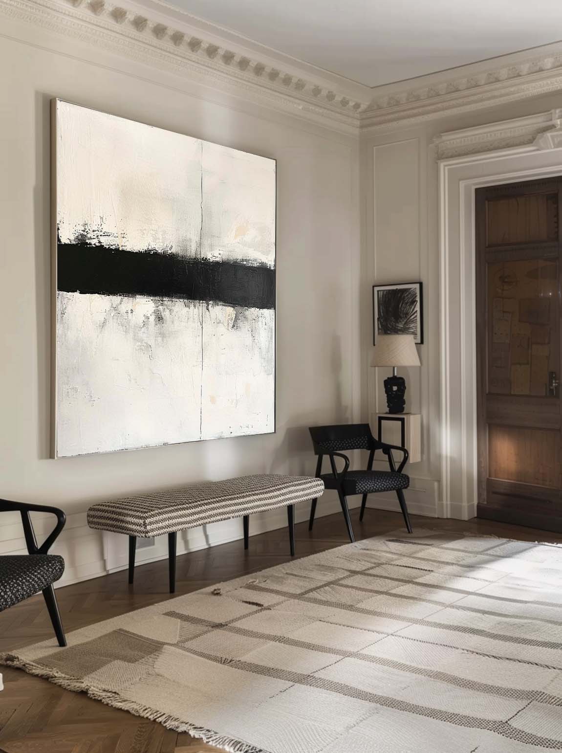 Retro Black And White Oil Painting Large Black Abstract Canvas Art Minimalist Black And White Abstract Wall Art