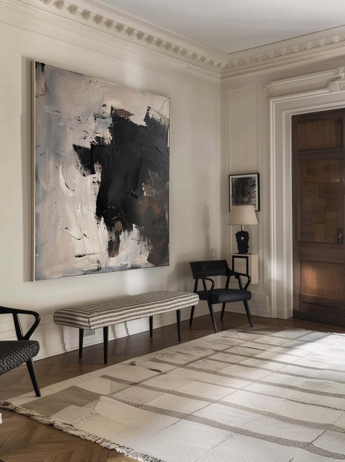 Vintage Black And Beige Abstract Art Original Black Canvas Art Neutral Black And Beige Oil Painting