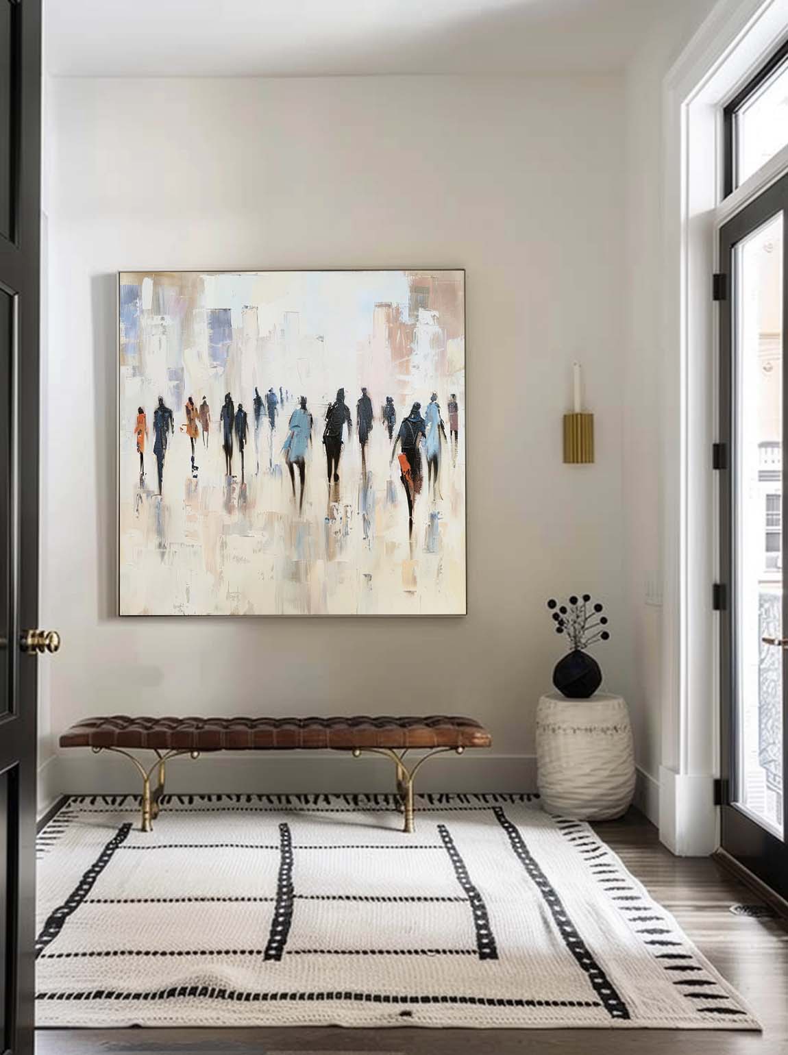 Vintage Black And Beige People Abstract Painting Large Minimalist Neutral Wall Art Original Wabi Sabi Canvas Artwork