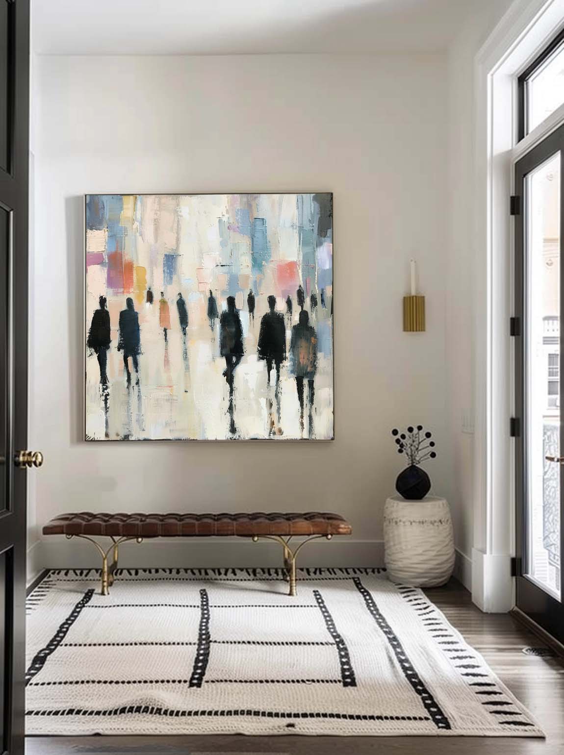 Vintage Beige Neutral People Oil Painting Retro Neutral Textured Painting Large Wabi Sabi Canvas Wall Decor