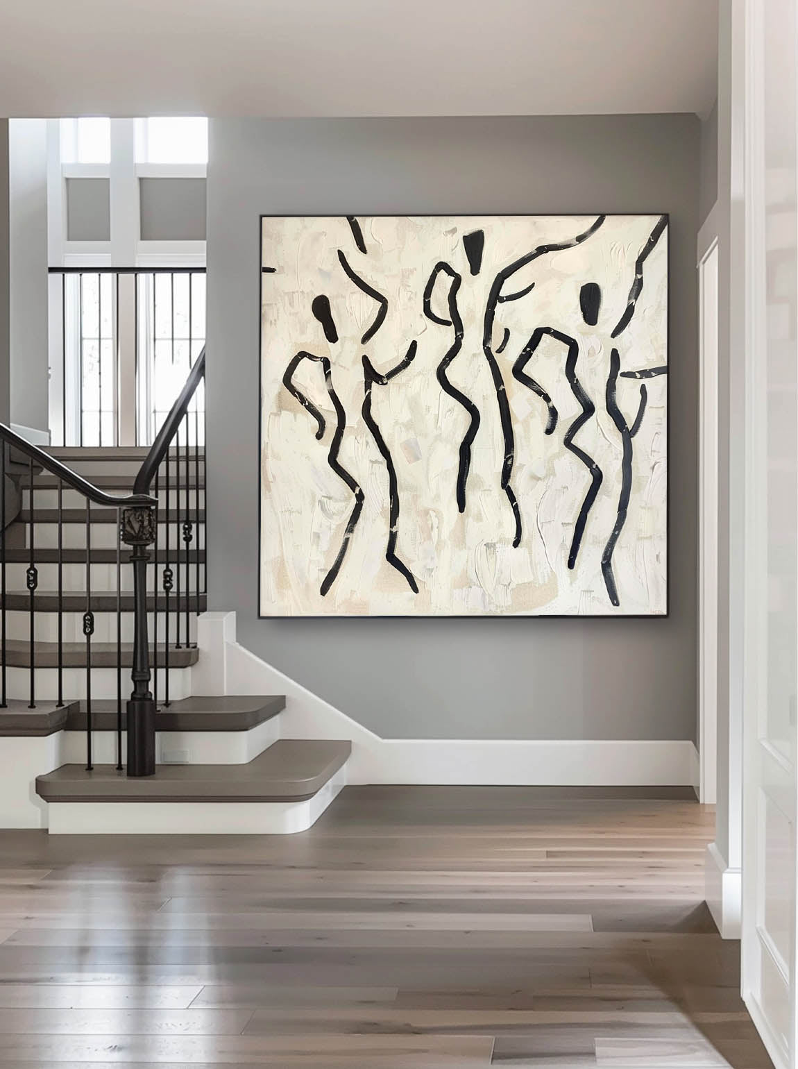 Vintage Black Figure Texture Oil Painting Handmade Black And Beige Figure Artwork Large Wabi Sabi Wall Art