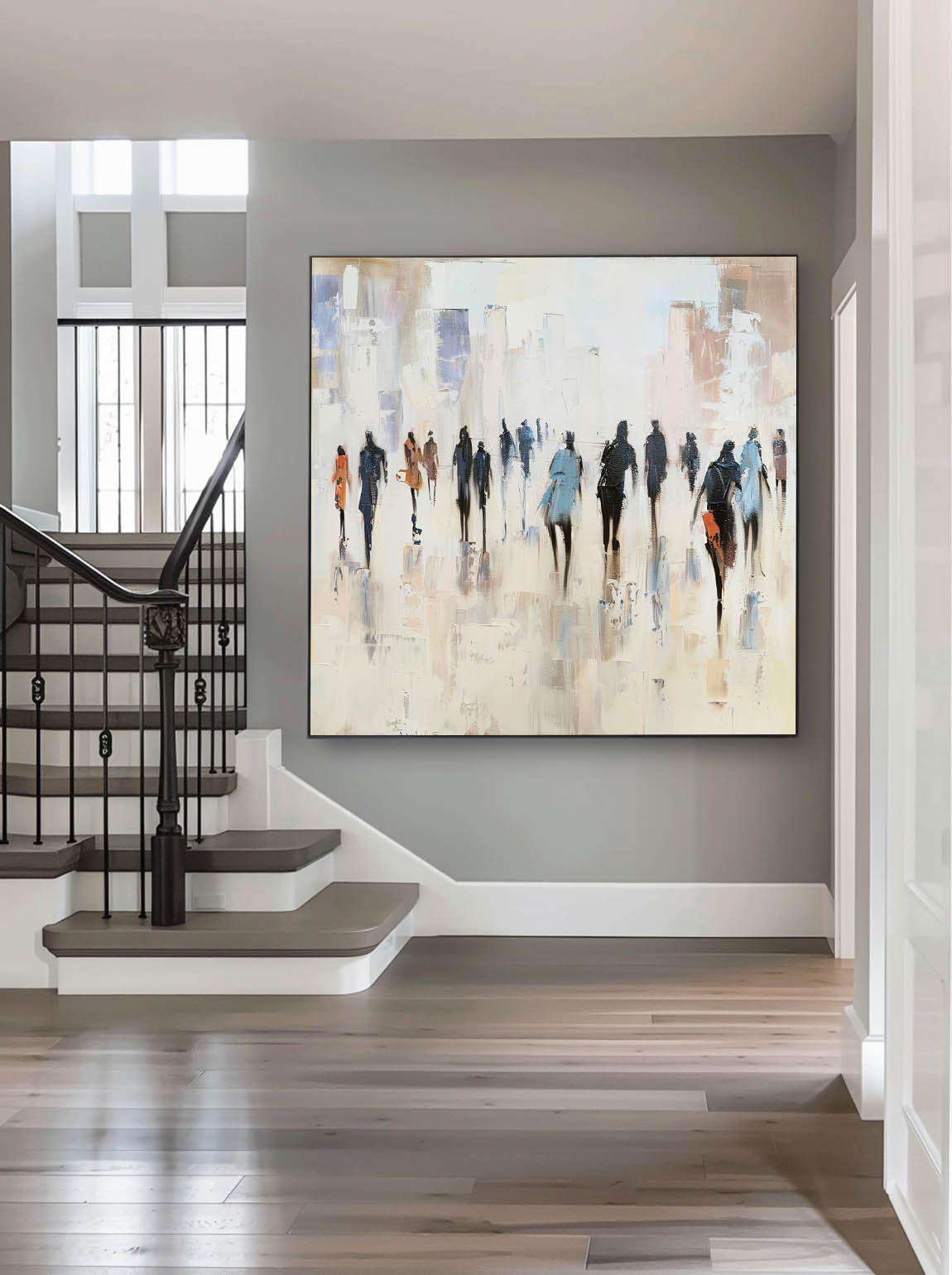 Vintage Black And Beige People Abstract Painting Large Minimalist Neutral Wall Art Original Wabi Sabi Canvas Artwork