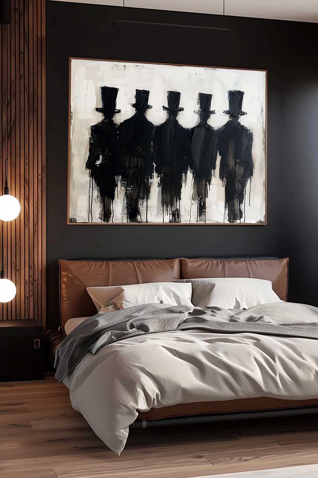 Vintage Neutral Black And Beige People Painting Large Minimalist Canvas Wall Art Original Handmade Wabi Sabi Artwork