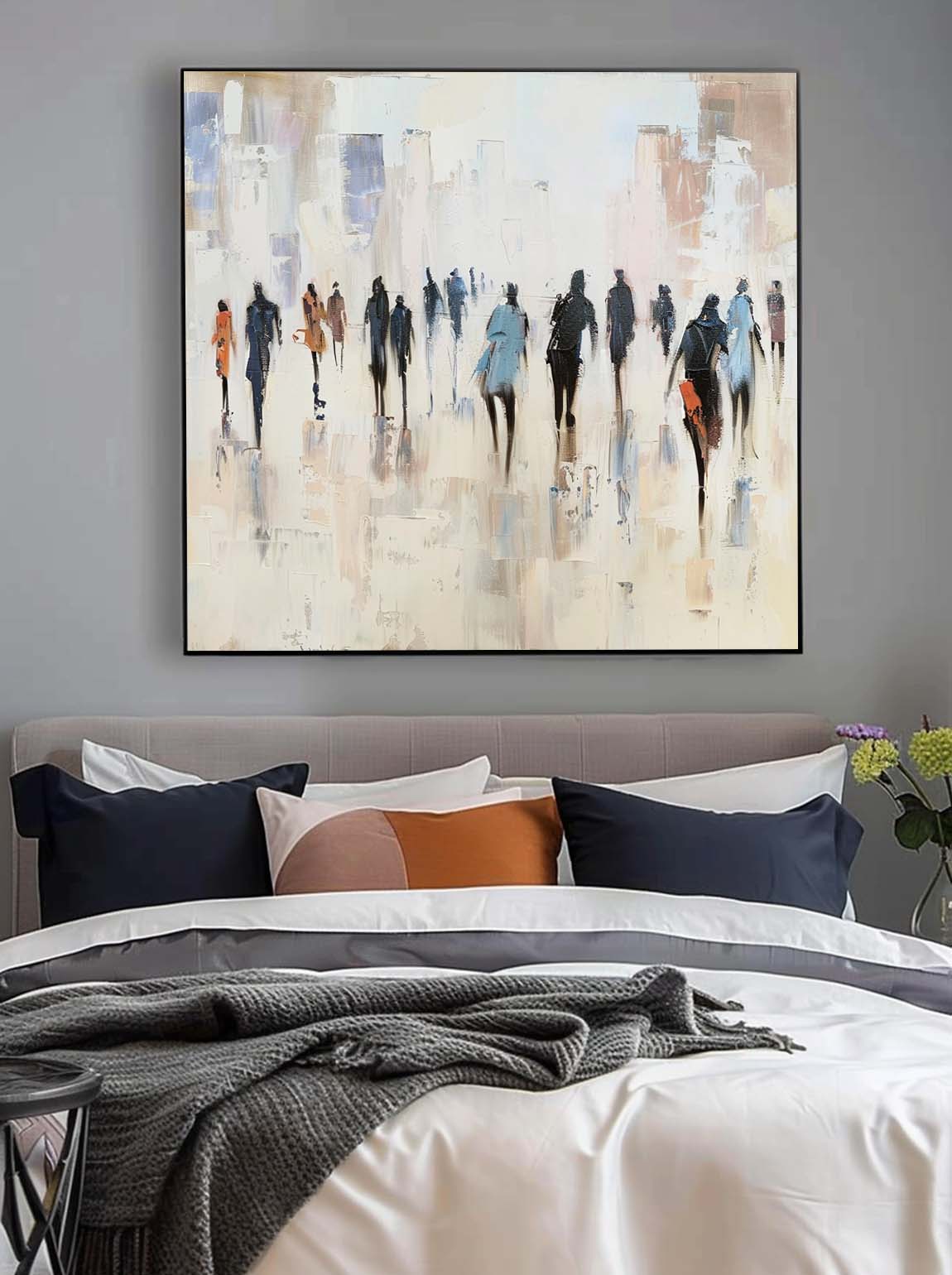 Vintage Black And Beige People Abstract Painting Large Minimalist Neutral Wall Art Original Wabi Sabi Canvas Artwork