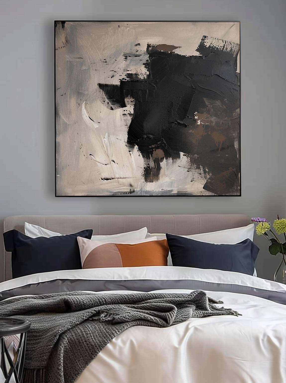 Vintage Black And Beige Abstract Art Original Black Canvas Art Neutral Black And Beige Oil Painting