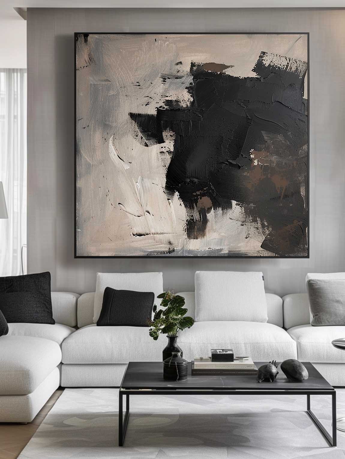 Vintage Black And Beige Abstract Art Original Black Canvas Art Neutral Black And Beige Oil Painting