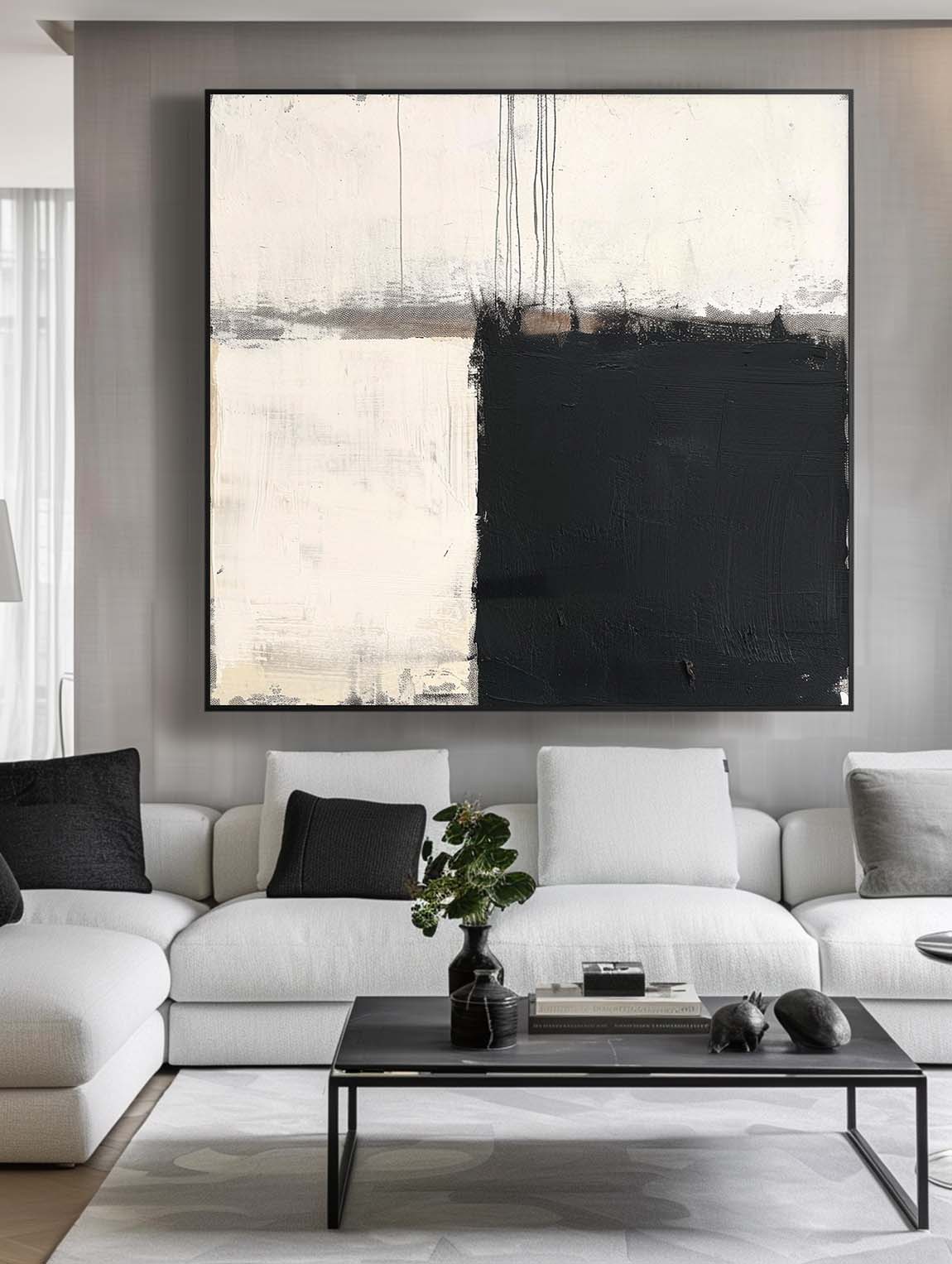 Vintage Black and White Abstract Oil Painting Large Black Minimalist Canvas Art Wabi Sabi Black And White Oil Painting