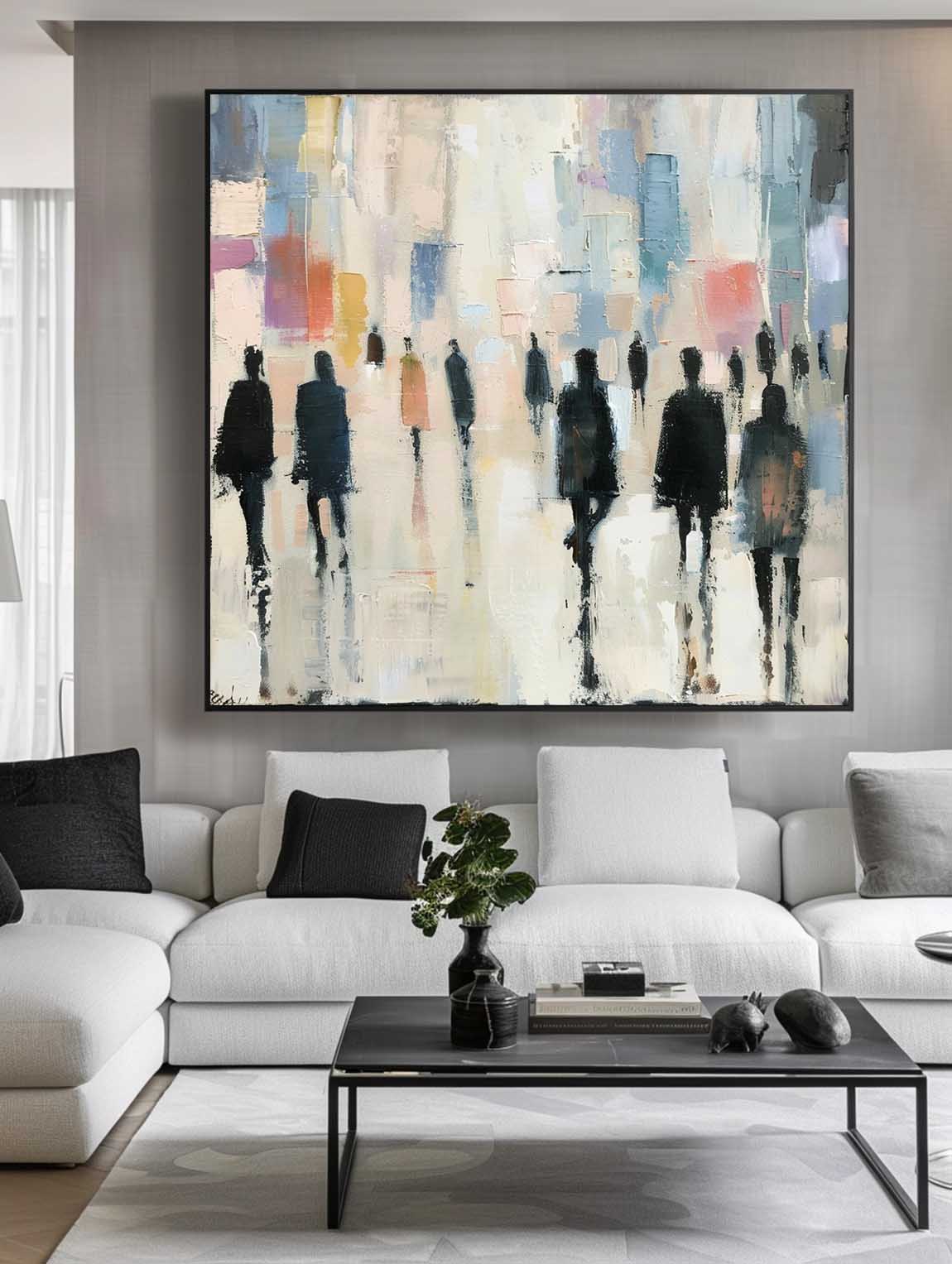 Vintage Beige Neutral People Oil Painting Retro Neutral Textured Painting Large Wabi Sabi Canvas Wall Decor