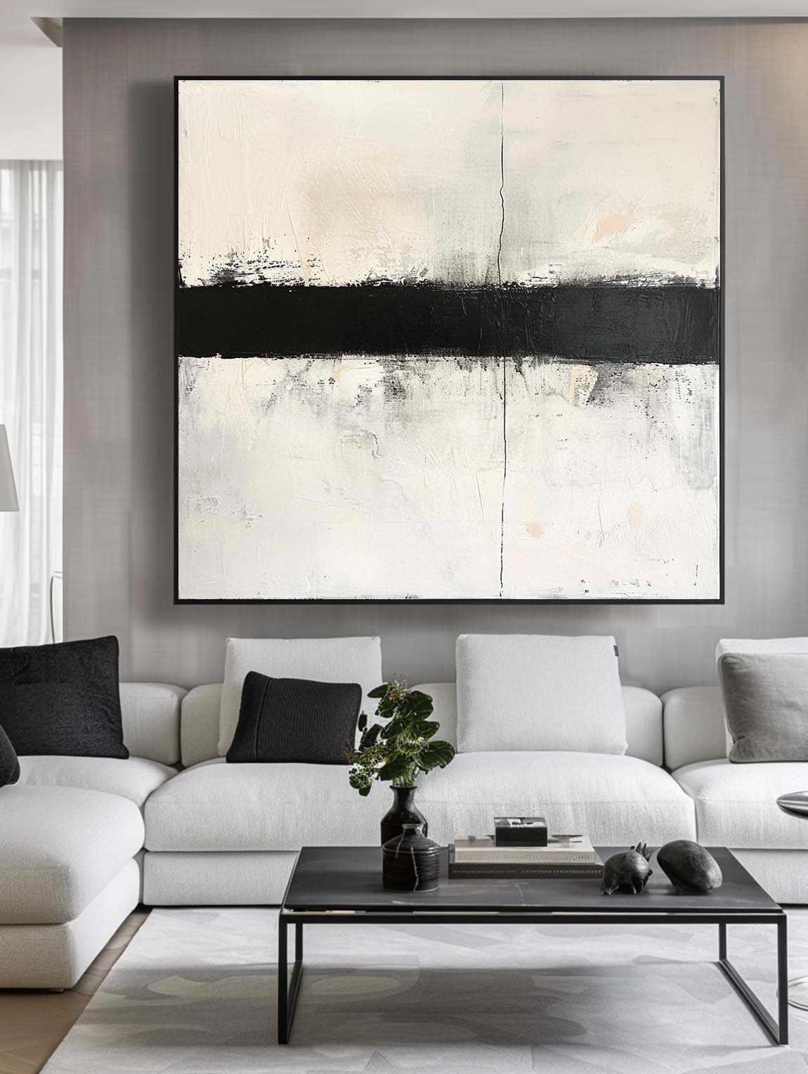 Retro Black And White Oil Painting Large Black Abstract Canvas Art Minimalist Black And White Abstract Wall Art