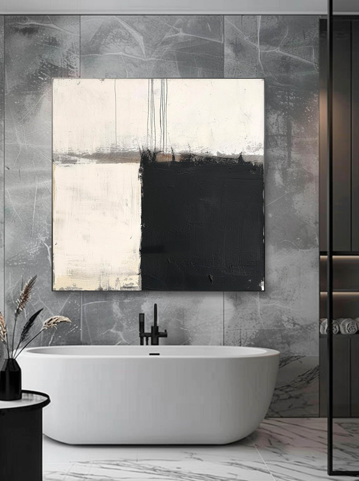 Vintage Black and White Abstract Oil Painting Large Black Minimalist Canvas Art Wabi Sabi Black And White Oil Painting