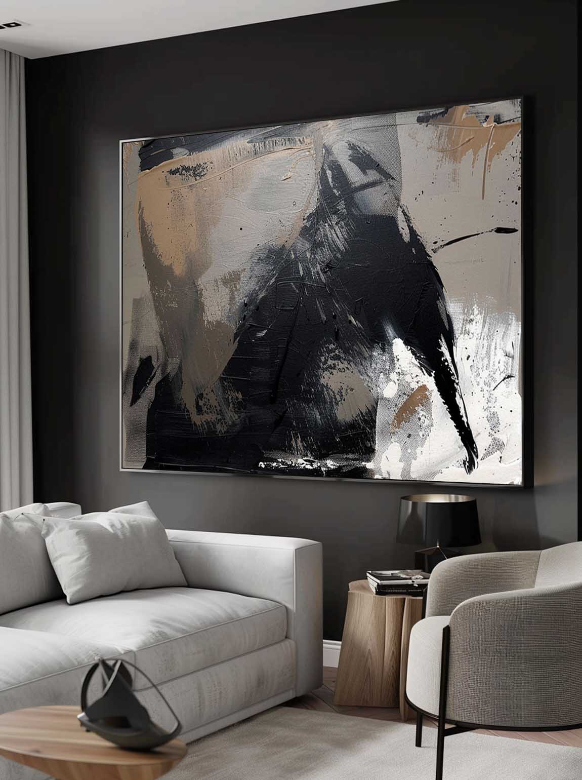 Vintage Black Textured Abstract Canvas Painting Original Black And White Textured Painting Large Black Abstract Wall Art