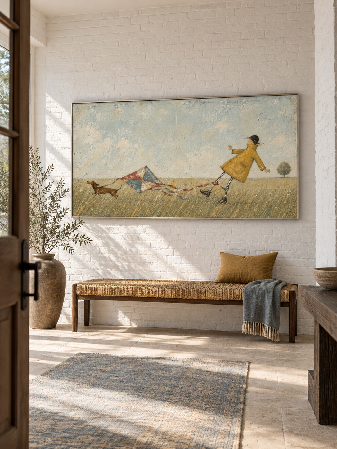 Whimsical Girl And Dachshund With Kite Hand-Painted Canvas Art