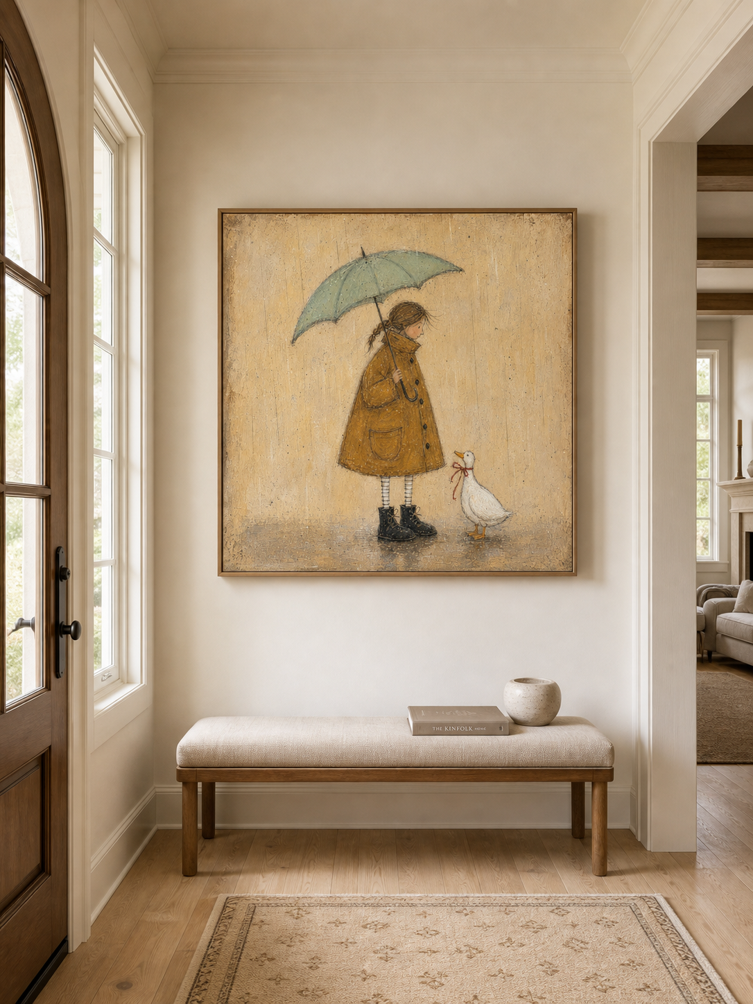 Original Handmade Painting Girl And Cute Duck In Rain Minimalist Wall Art