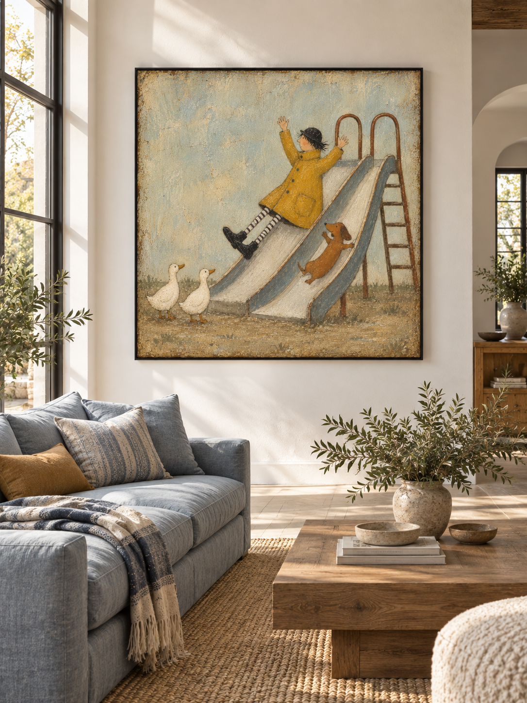 Whimsical Girl And Dog Slide Canvas Painting Hand-Painted Wall Art