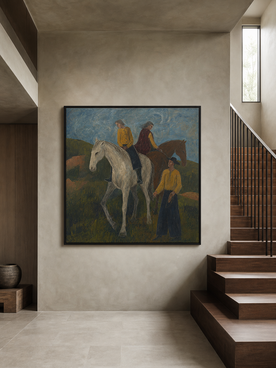 Contemporary Folk Art Painting Of Horses And Riders In Rustic Western Style