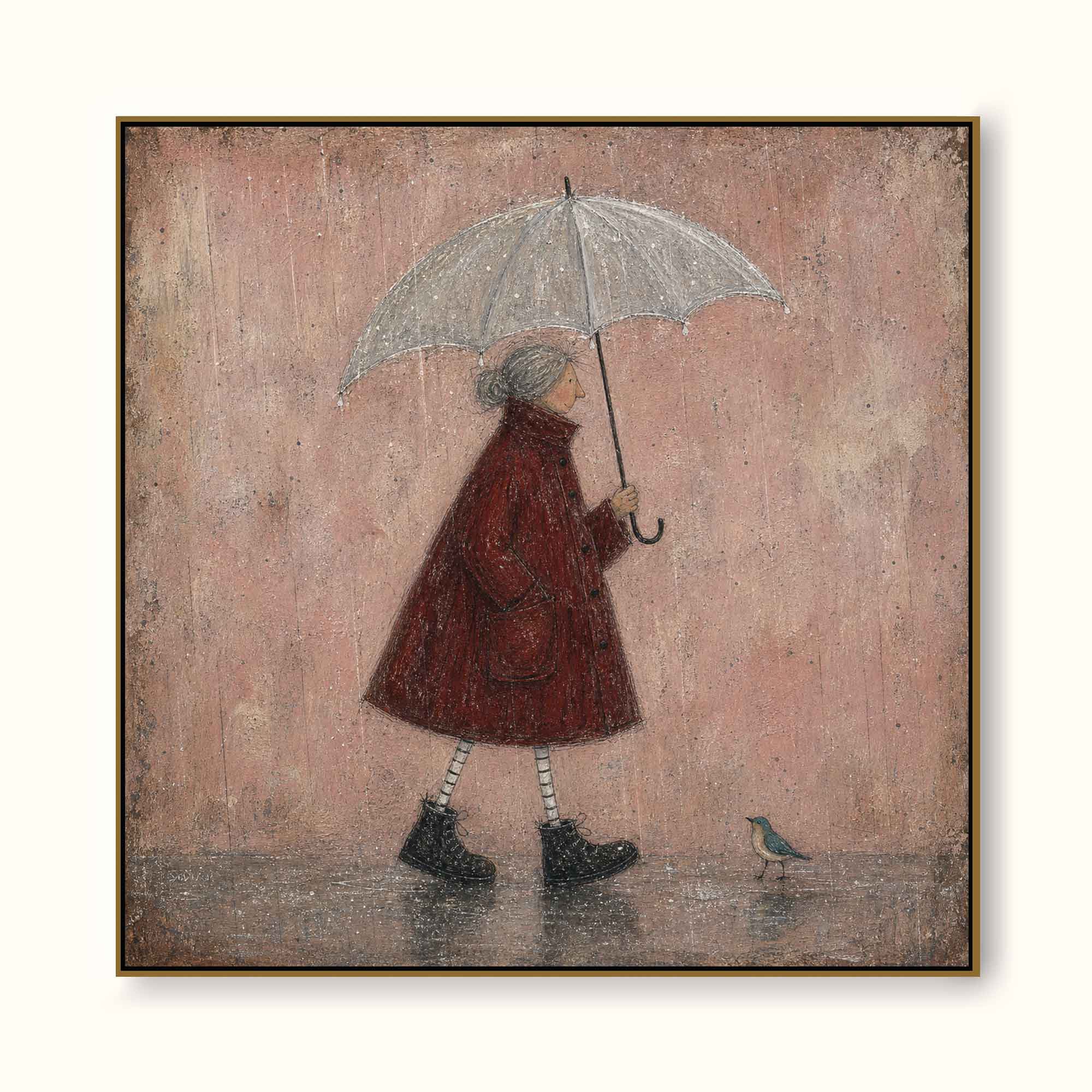 Original Handmade Painting Red Coat Woman In Rain Minimalist Wall Art