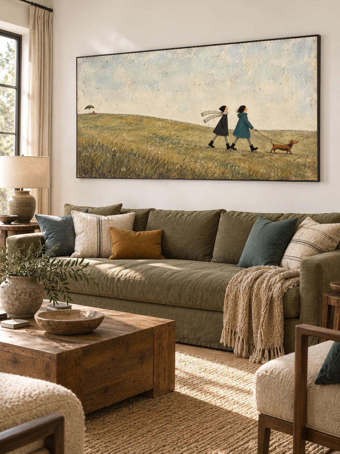 Whimsical Friends Walking Wall Art Hand Painted Girl And Dachshund Painting