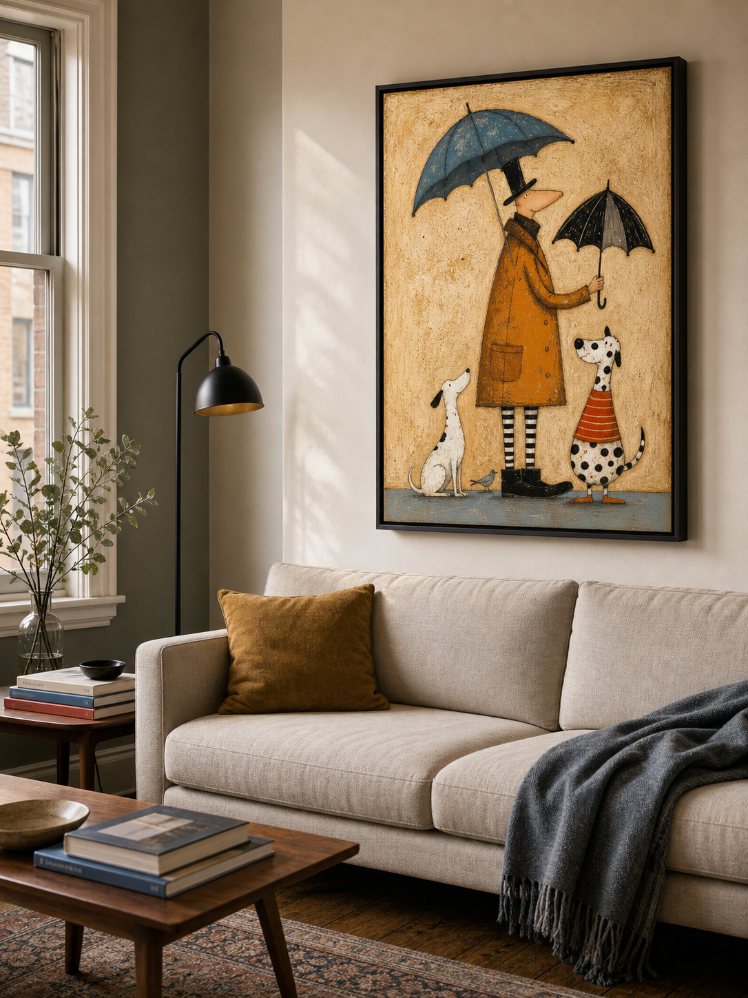Vintage Whimsical Oil Painting Of Man With Dogs And Umbrellas In Retro Style For Home Decor