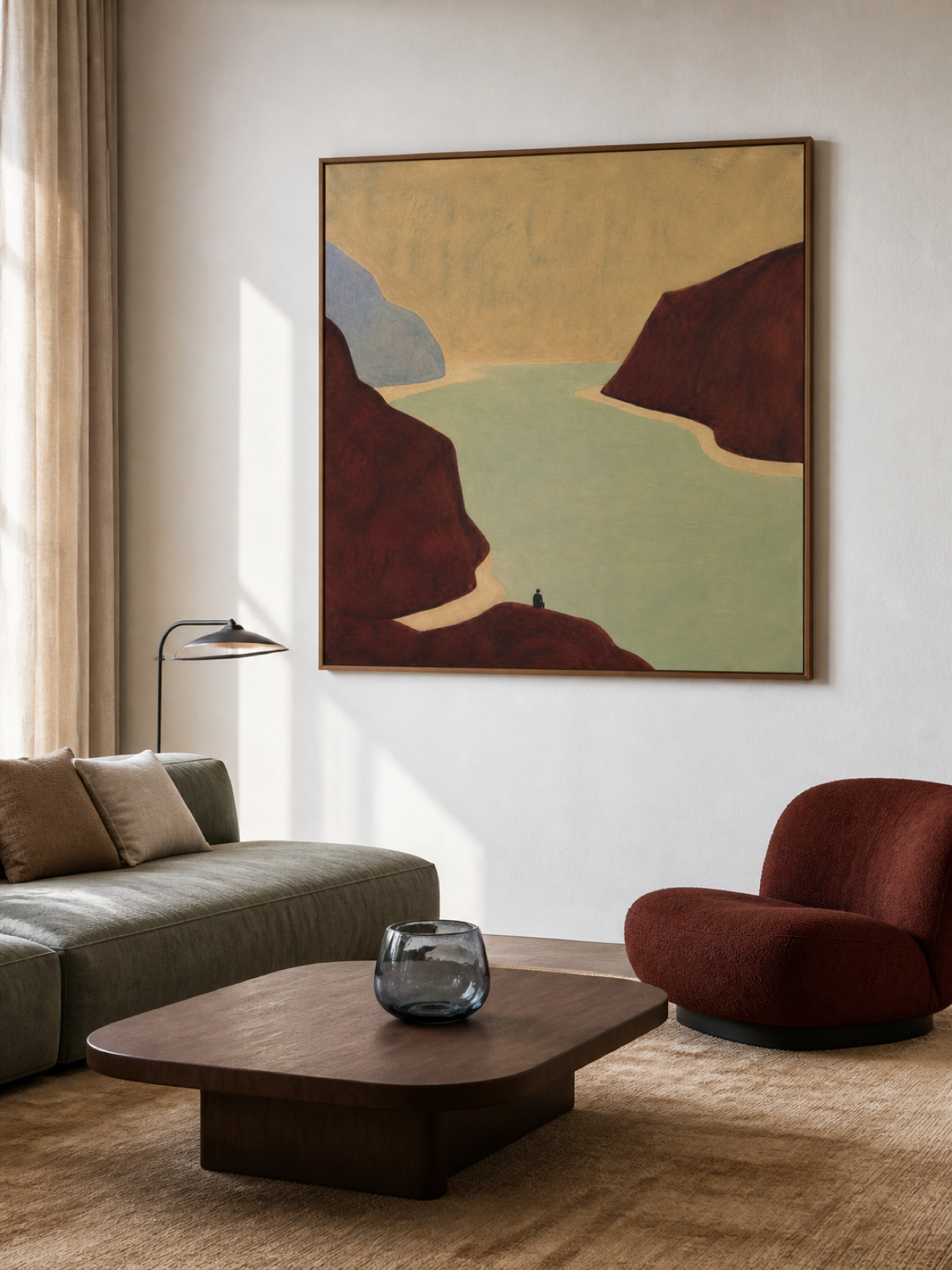 Burgundy Canyon Landscape Hand-Painted Canvas Art With Sage Green Lake