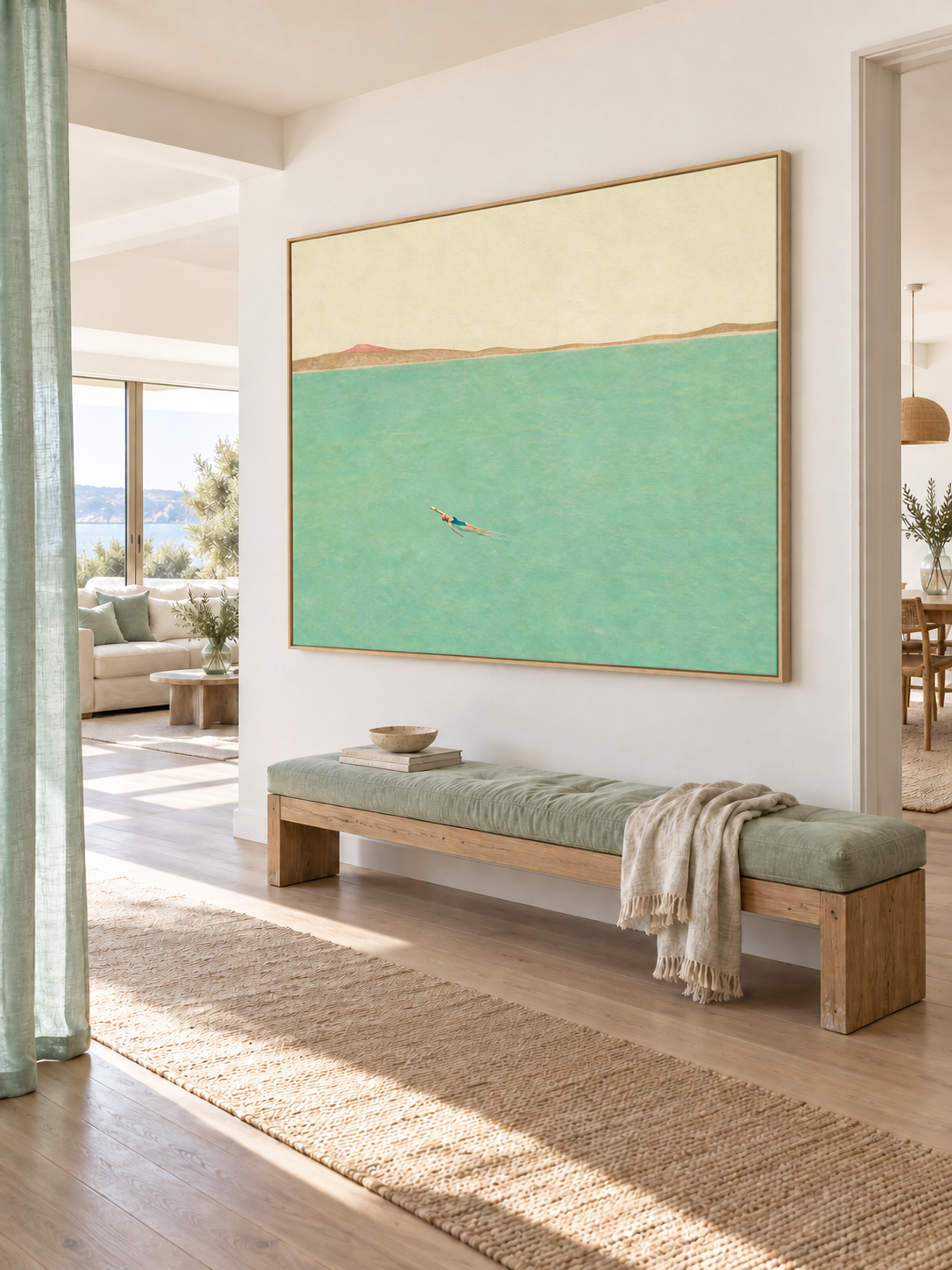 Solo Swimmer In Teal Sea Hand-Painted Canvas Wall Art For Bedroom Decor