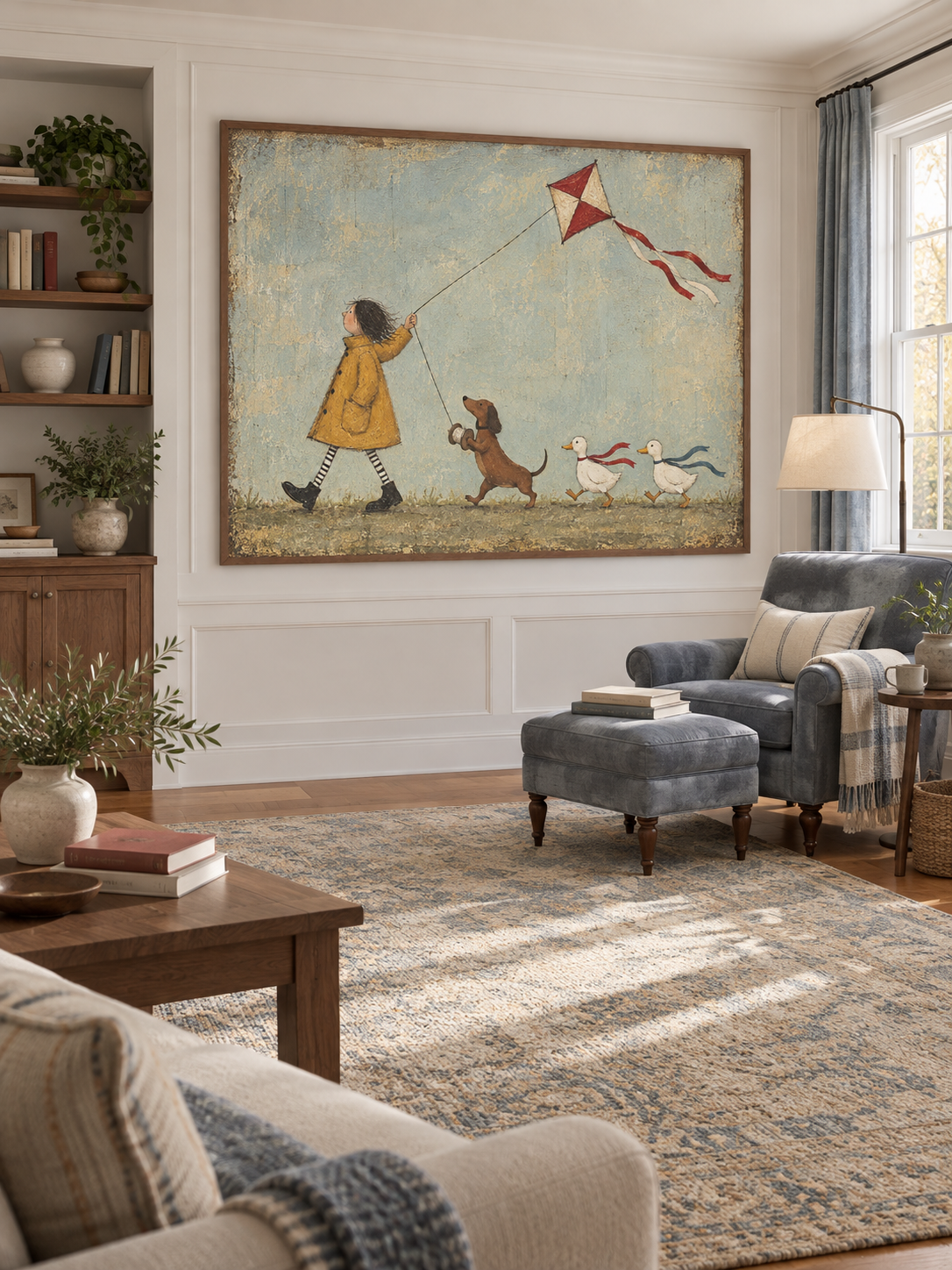 Colorful Kite Flying Canvas Art With Dog And Ducks For Kids Room Decor