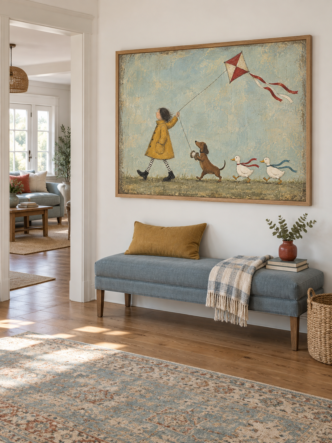 Colorful Kite Flying Canvas Art With Dog And Ducks For Kids Room Decor