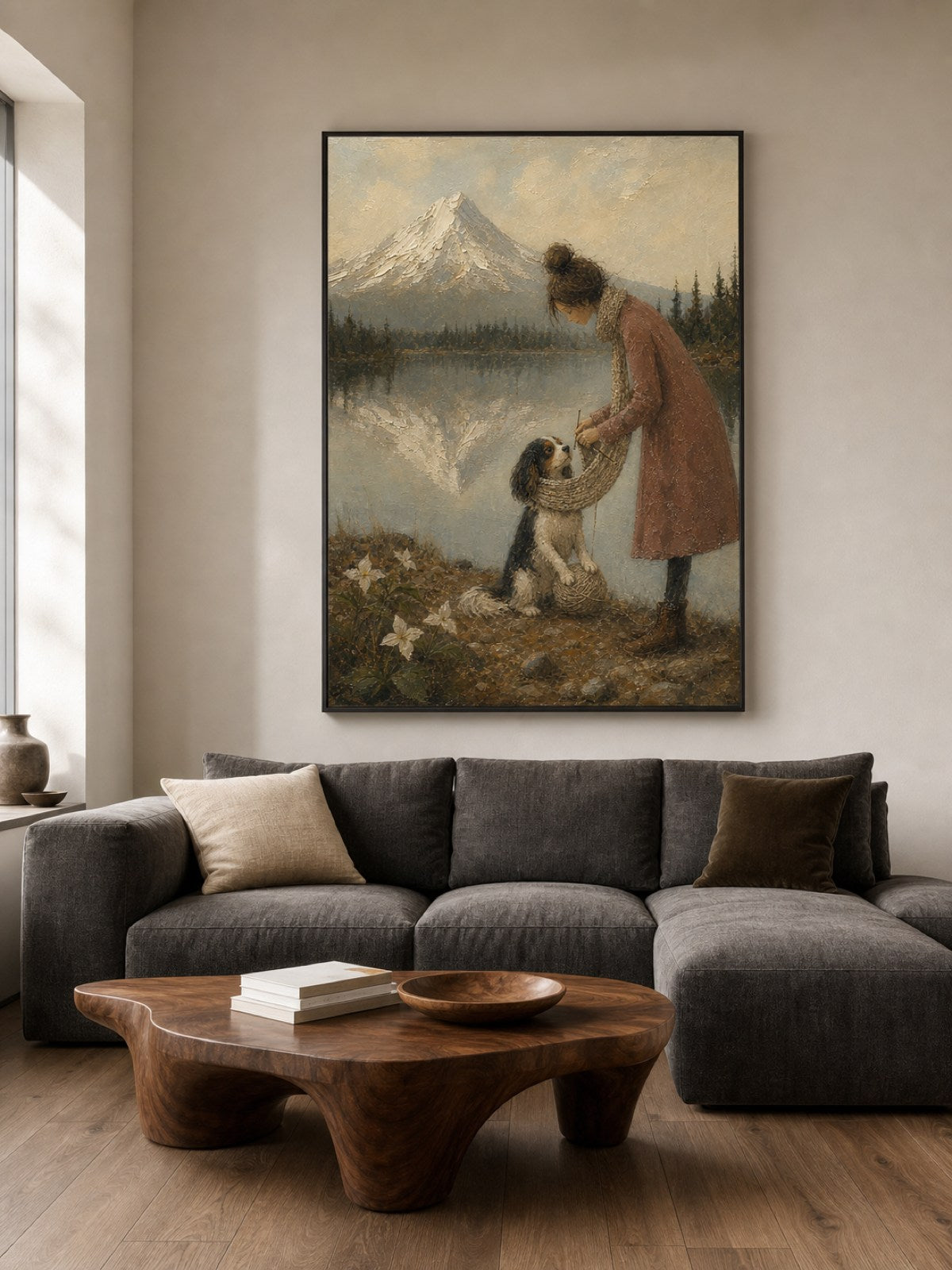 Vintage Pet Travel Wall Art Woman And Dog Abstract Landscape Oil Painting