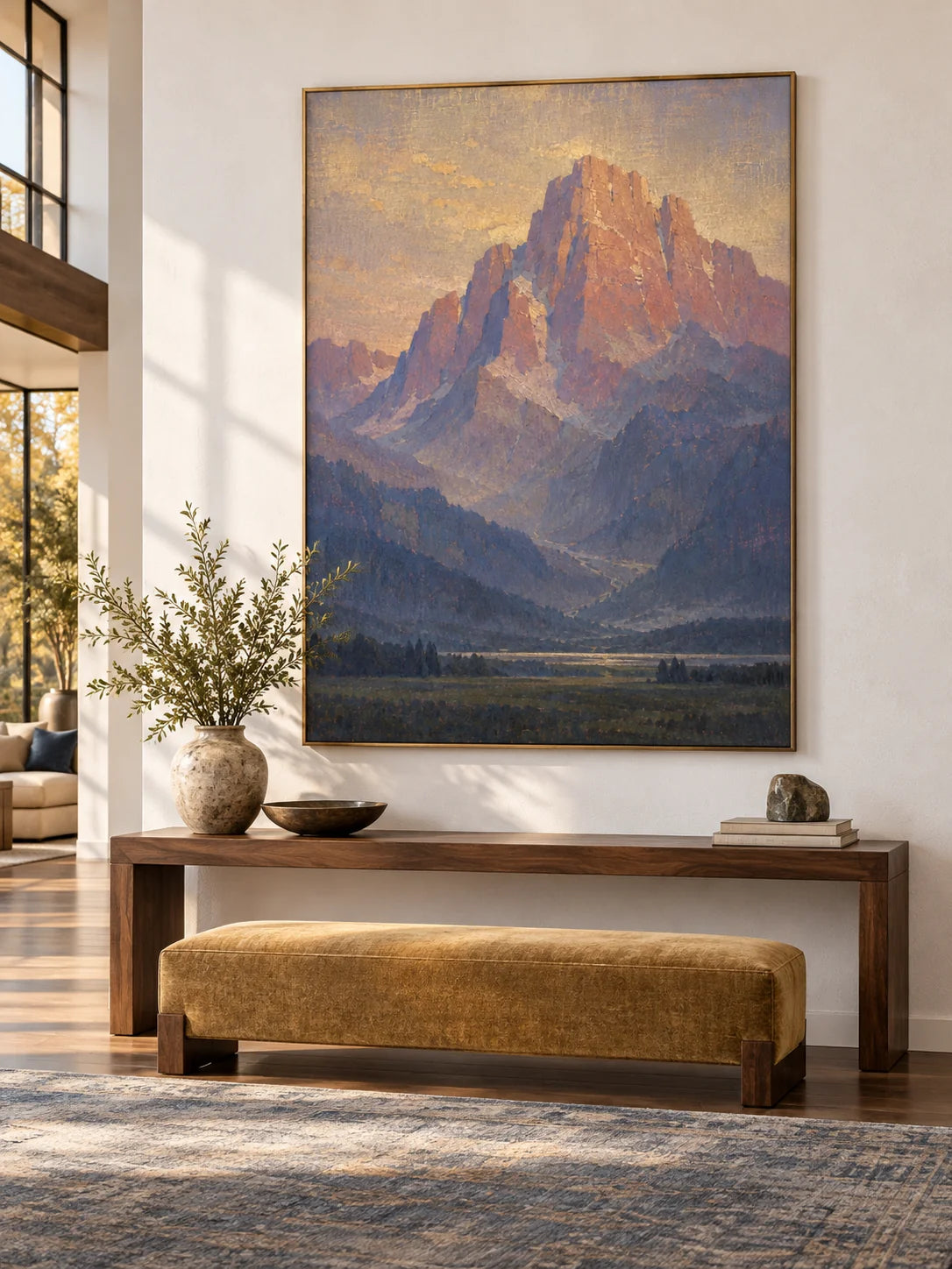 Majestic Mountain Landscape Painting Alpine Valley Nature Wall Art Sunlit Peaks Scenic Canvas Decor
