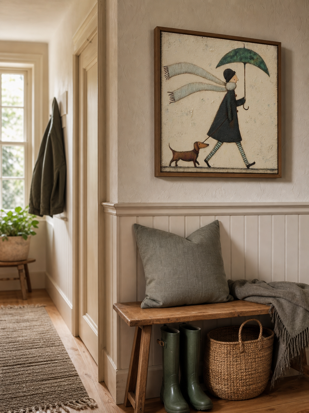 Whimsical Pet Art With Umbrella And Scarf Original Oil Painting On Linen Canvas