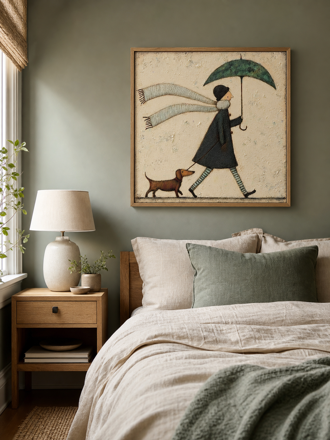 Whimsical Pet Art With Umbrella And Scarf Original Oil Painting On Linen Canvas