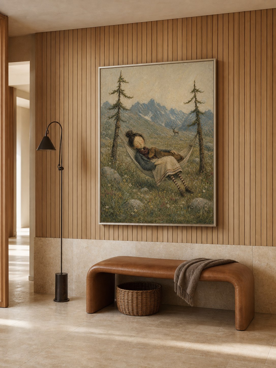 Serene Mountain Landscape Oil Painting With Hammock For Peaceful Living Room Wall Art