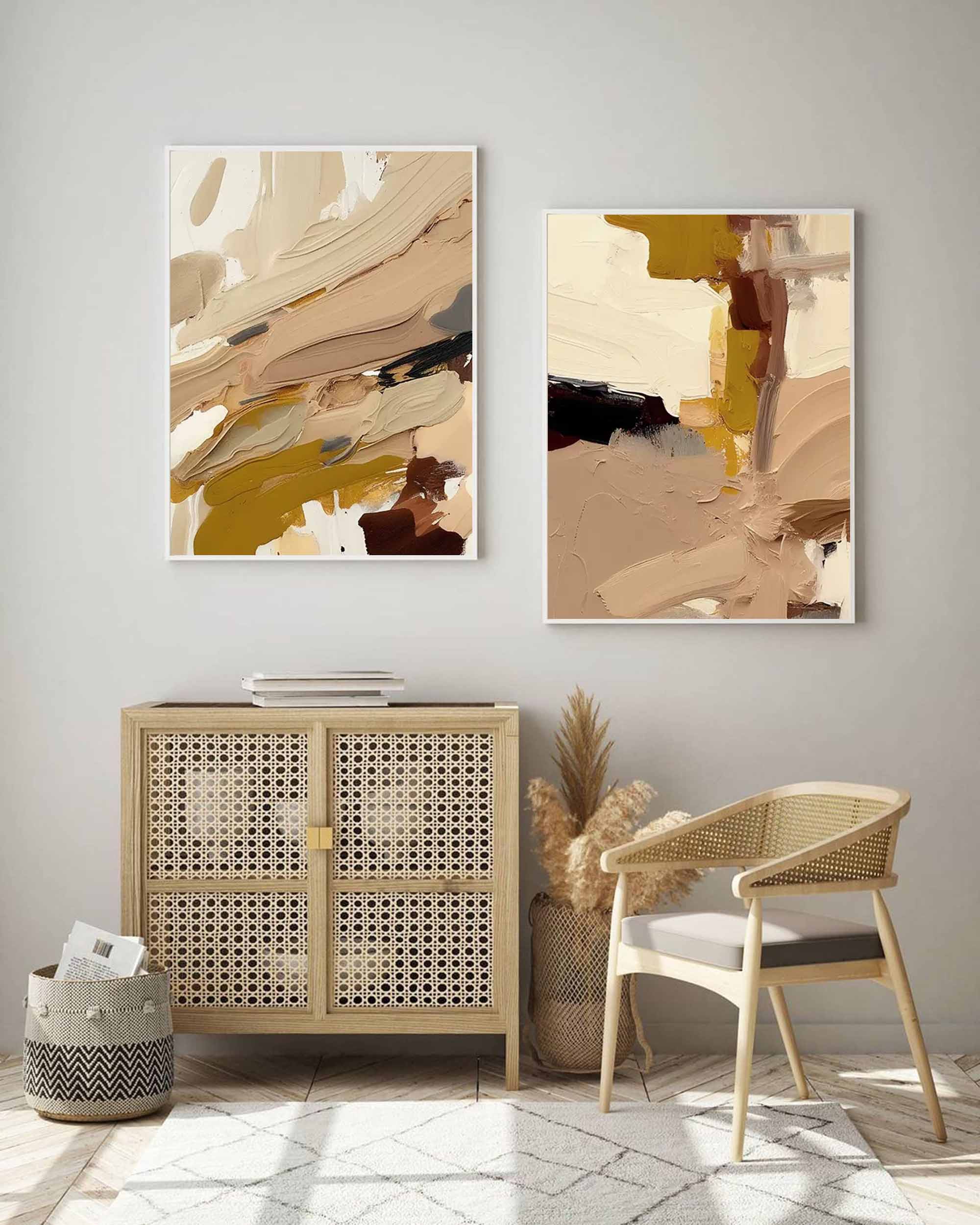 Diptych Textured Minimalist Painting On Canvas Framed Set Of 2 Modern Abstract Wall Art