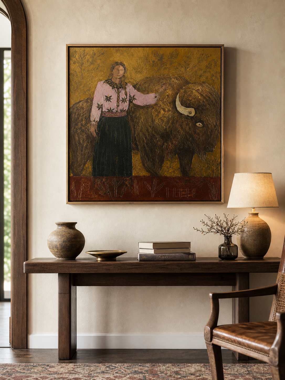 Folk Contemporary Art Painting With Bison And Woman In Brown Pink Green Tones For Living Room Wall Decor