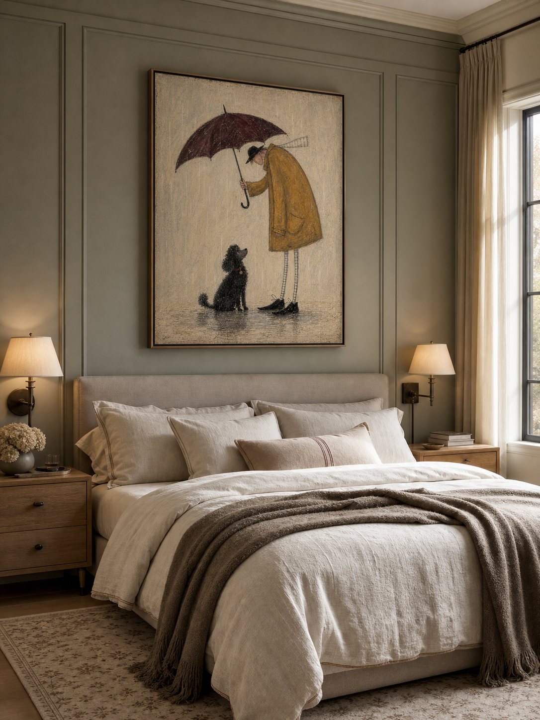 Original Hand-Painted Man And Black Poodle Wall Art, Rainy Day Companion Painting