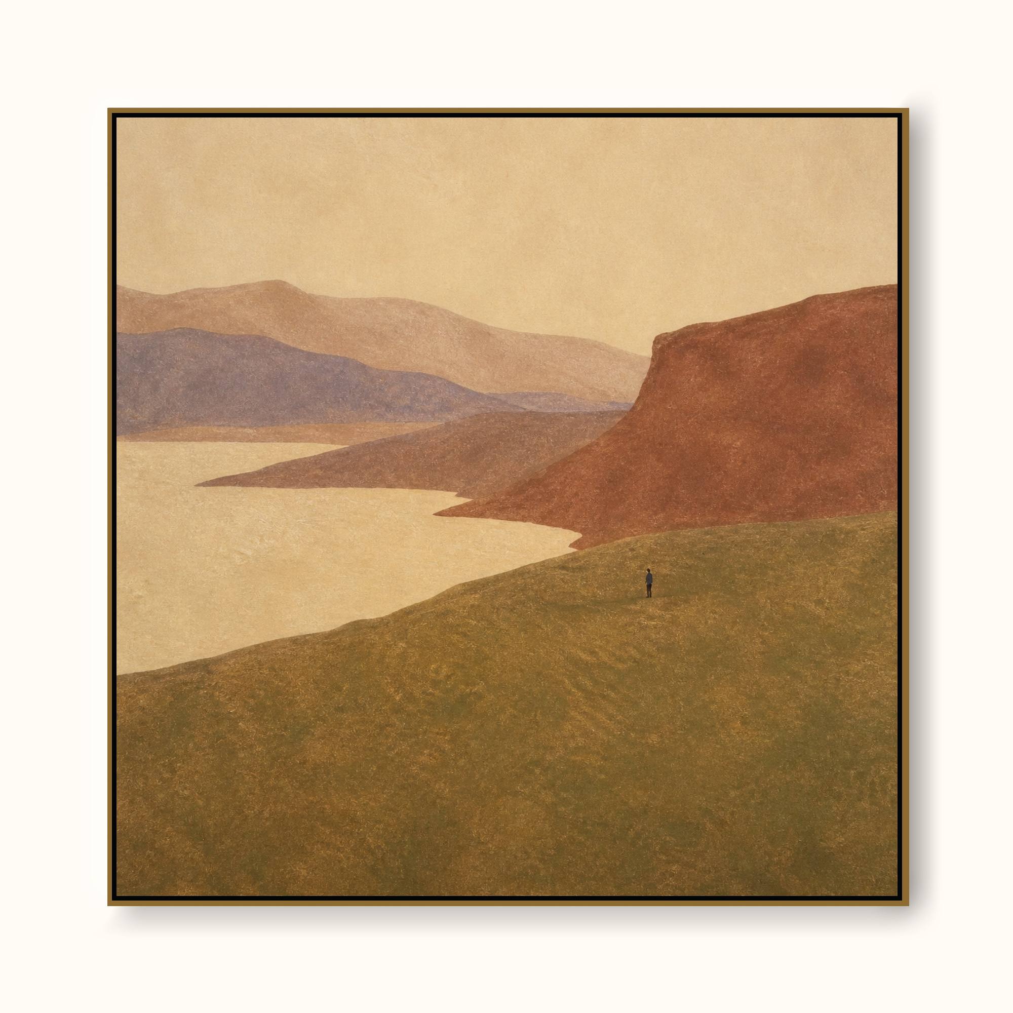 Solitary Figure Mountain Valley Hand-Painted Canvas Art In Earth Tones
