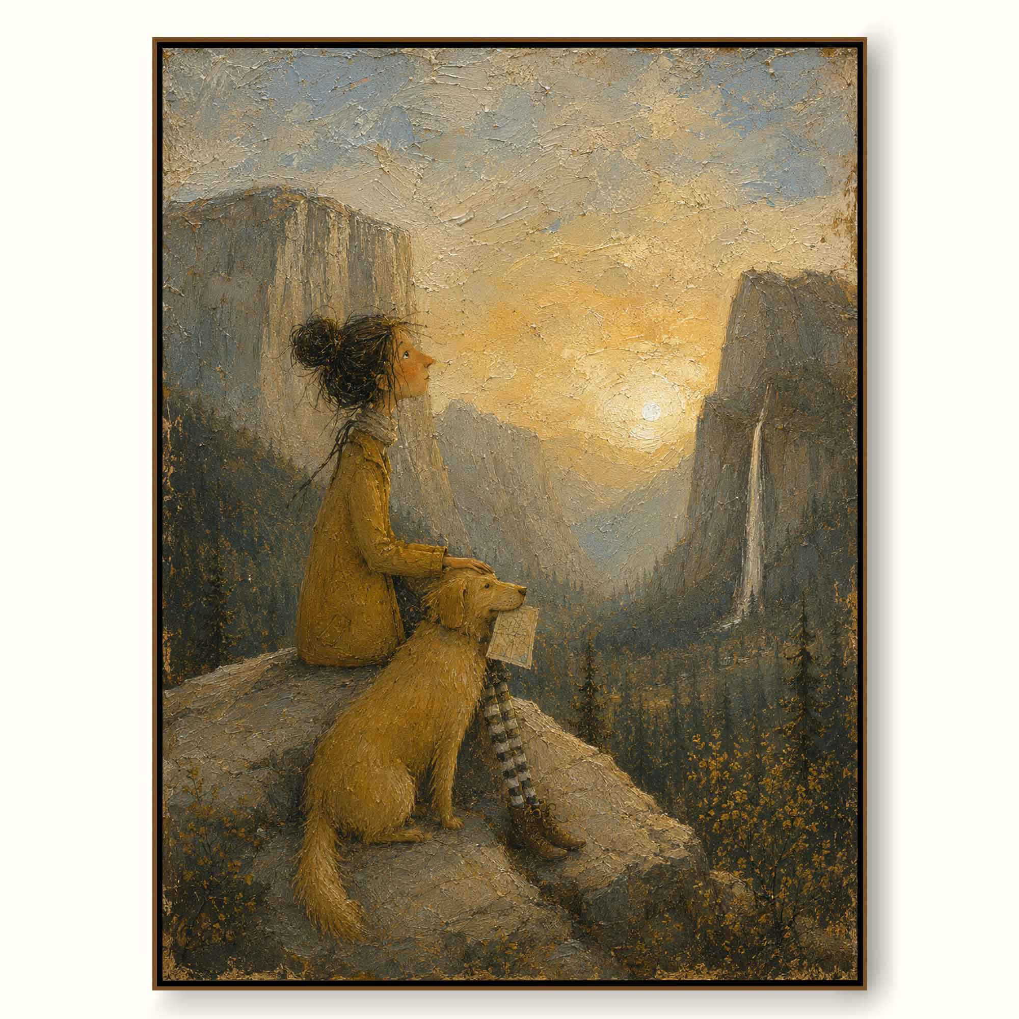 Vintage Yosemite Inspired Painting With Girl Dog And Mountain Valley