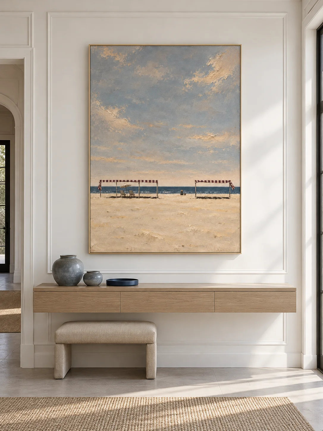 Serene Minimalist Beach Canvas Art In Blue And Beige For Bedroom Decor