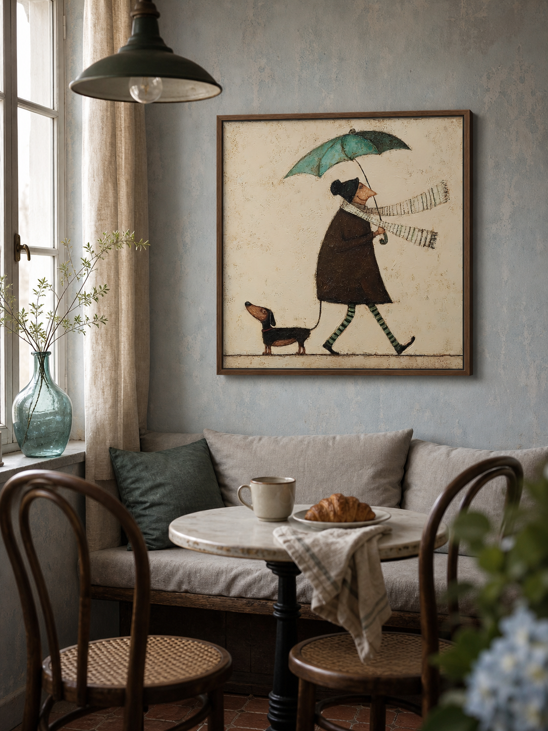 Vintage Textured Beige Abstract Figure Painting With Green Accents For Living Room