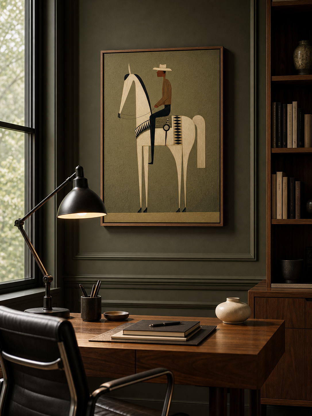 Vintage Minimalist Horse And Rider Painting With Earthy Green Tones For Modern Home Decor