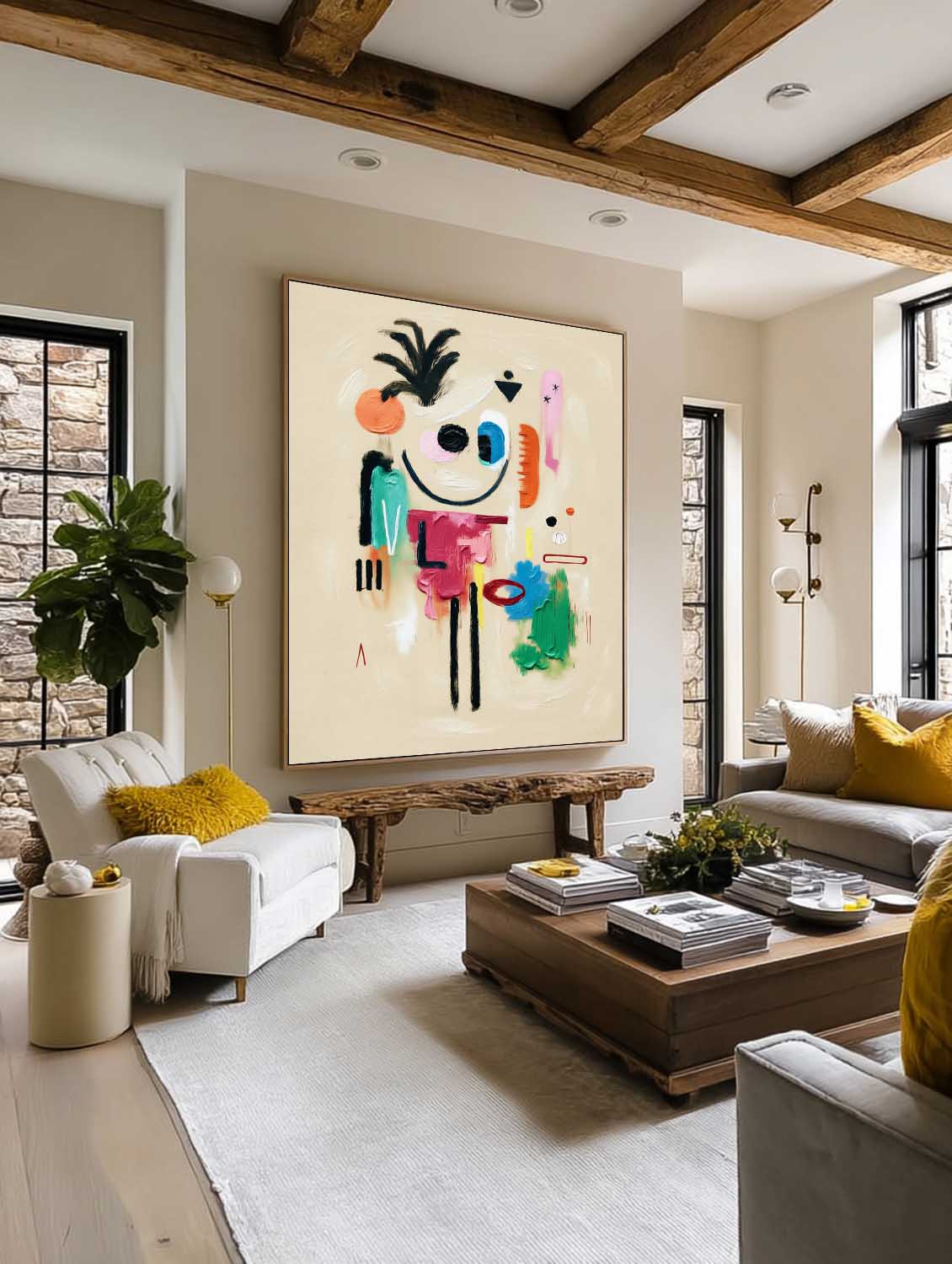 Minimalist Beige Abstract Cartoon Character Painting With Colorful Texture For Modern Decor