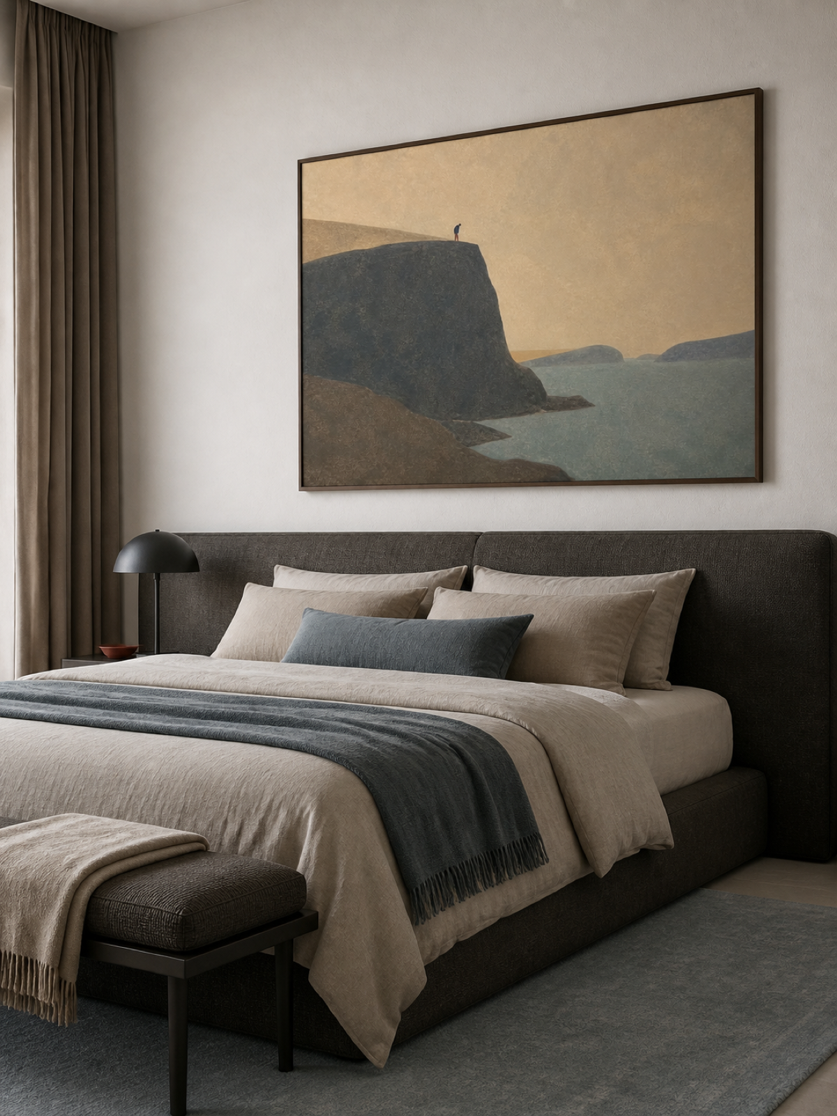Minimalist Cliff Traveler Painting Hand-Painted Blue Inlet Wall Art