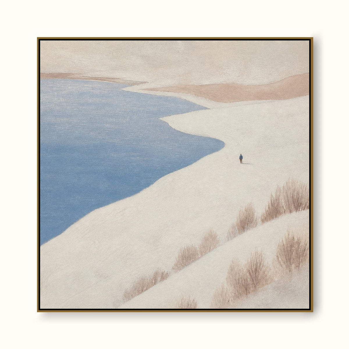 Oversized Ivory Shoreline With Winding Blue Water Contemporary Canvas Art