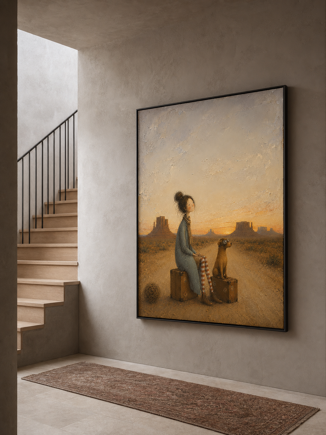 Whimsical Southwestern Desert Travel Art With Girl And Dog For Living Room Wall Decor