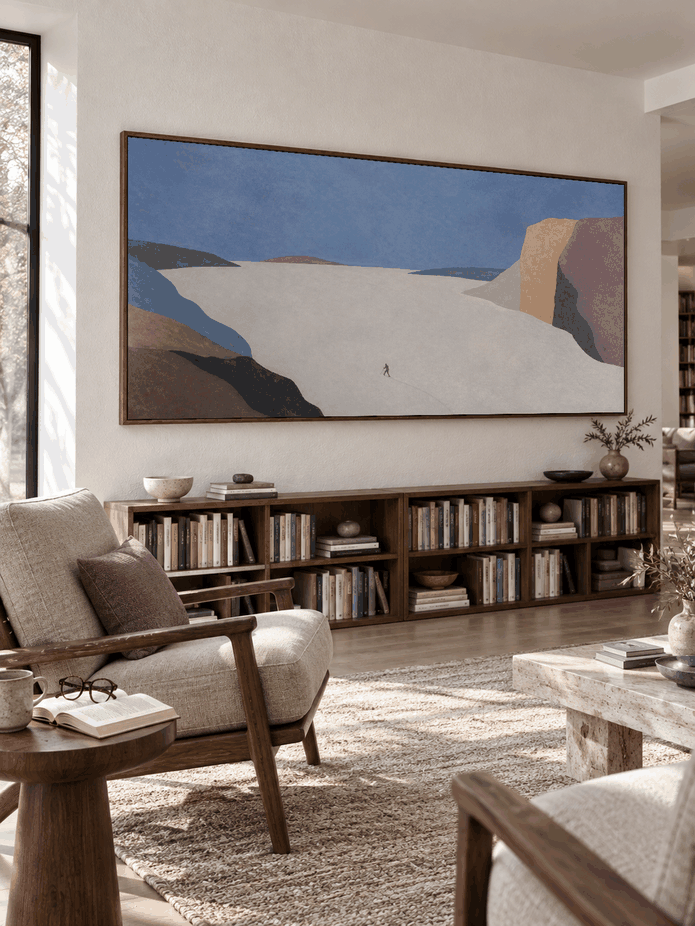 Minimalist Snow Valley Canvas Art With Lone Traveler For Modern Office Decor