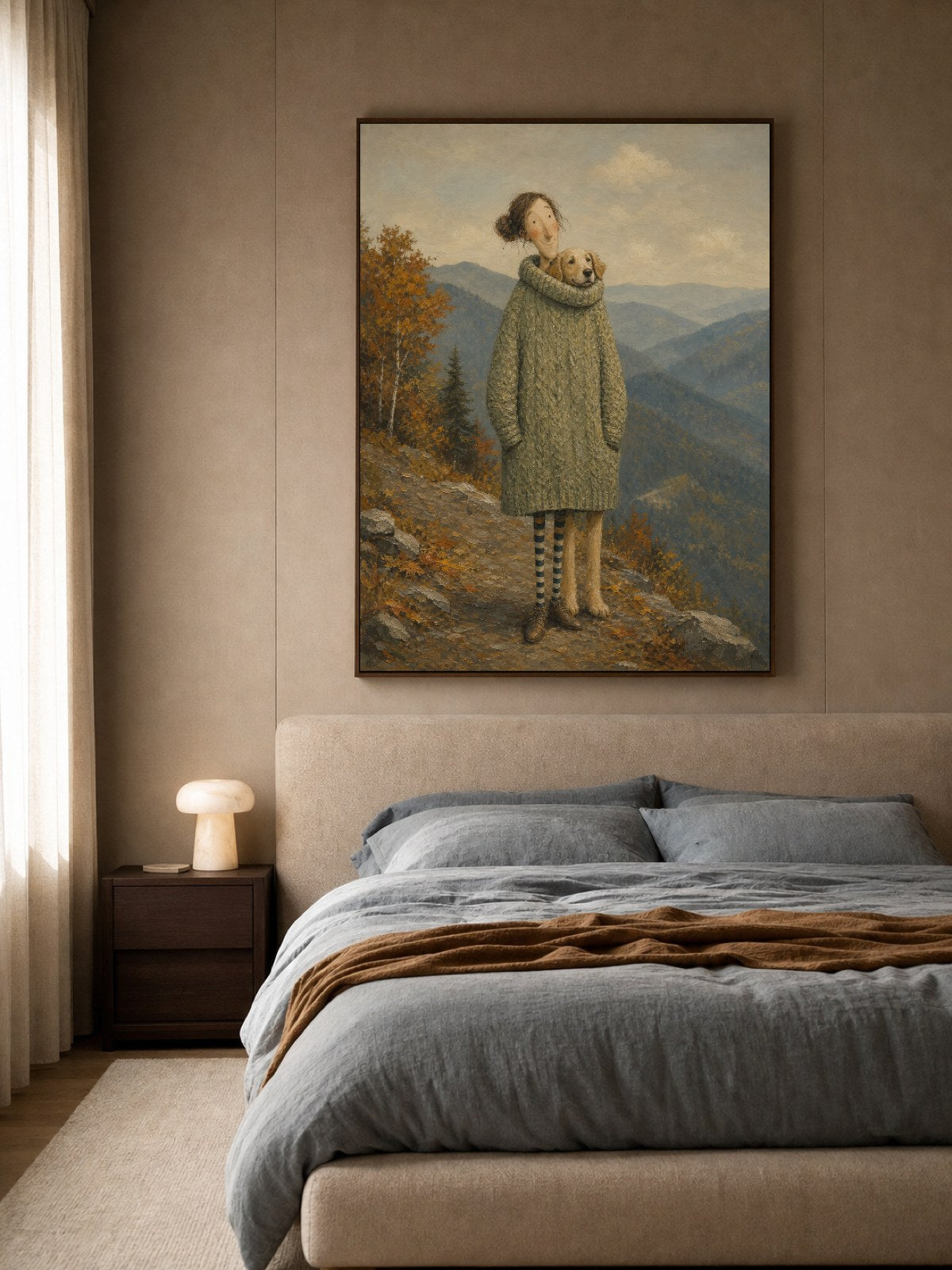Vintage Woman And Dog Travel Painting For Cozy Living Room Decor